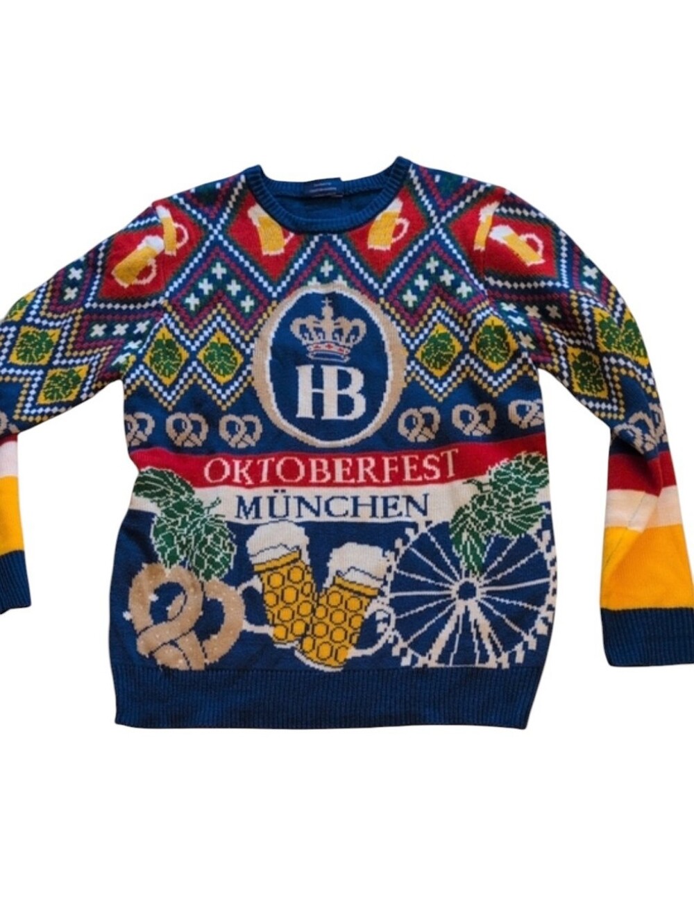 Hofbrauhaus Munchen Oktoberfest Sweater Blue Beer Pretzel Germany XL